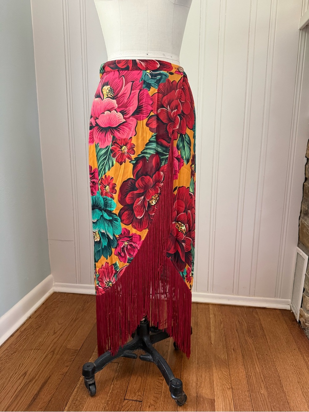 FARM Rio Yellow Floral Fringe Midi Skirt with Pink, Red & Teal Flowers